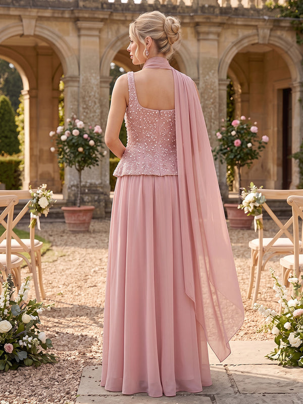 Chiffon Bridesmaid Dresses A Line Square Neck Sleeveless with Scarf