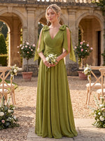 Chiffon A Line Bridesmaid Dresses Deep V Neck Sleeveless Ruched with Bow
