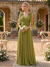 Chiffon A Line Bridesmaid Dresses Deep V Neck Sleeveless Ruched with Bow