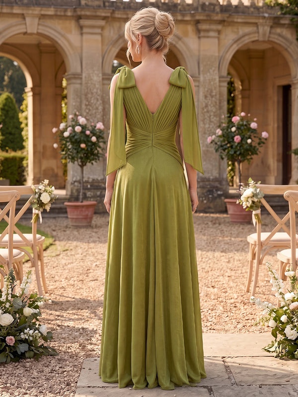 Chiffon A Line Bridesmaid Dresses Deep V Neck Sleeveless Ruched with Bow