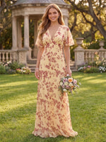 Floral Print Chiffon Bridesmaid Dresses A Line V Neck Flutter Sleeves