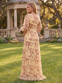 Floral Print Chiffon Bridesmaid Dresses A Line V Neck Flutter Sleeves