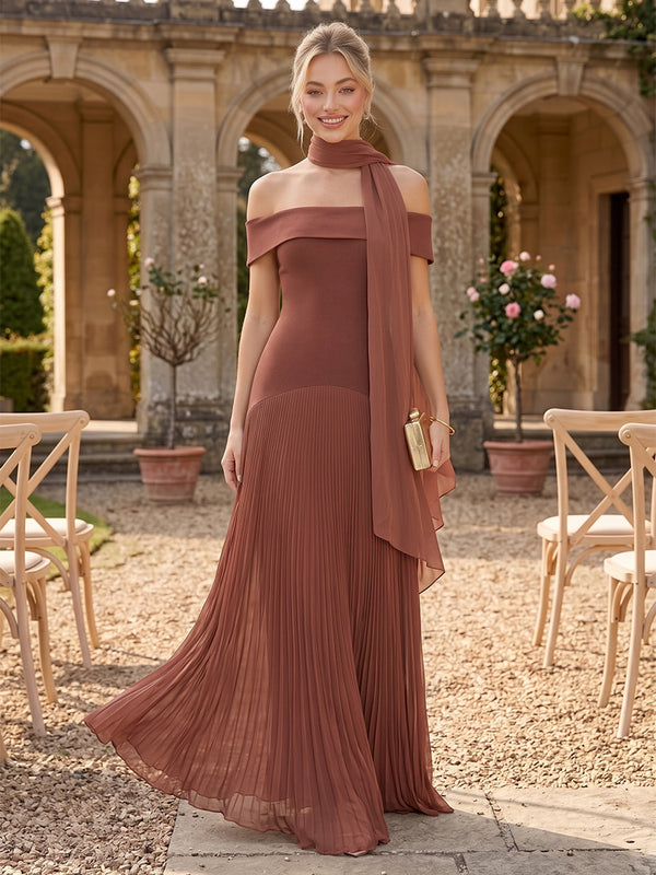 Chiffon Bridesmaid Dresses A Line Off the Shoulder Sleeveless with Scarf