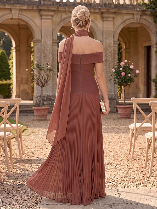 Chiffon Bridesmaid Dresses A Line Off the Shoulder Sleeveless with Scarf