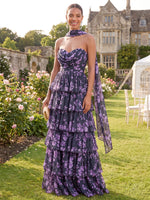 Floral Print Chiffon Bridesmaid Dresses Tiered Ruffles A Line Sweetheart Sleeveless