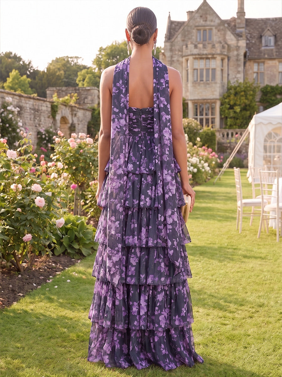 Floral Print Chiffon Bridesmaid Dresses Tiered Ruffles A Line Sweetheart Sleeveless