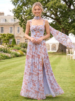 Floral Print Chiffon Bridesmaid Dresses A Line Square Neck Sleeveless with Scarf