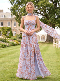 Floral Print Chiffon Bridesmaid Dresses A Line Square Neck Sleeveless with Scarf