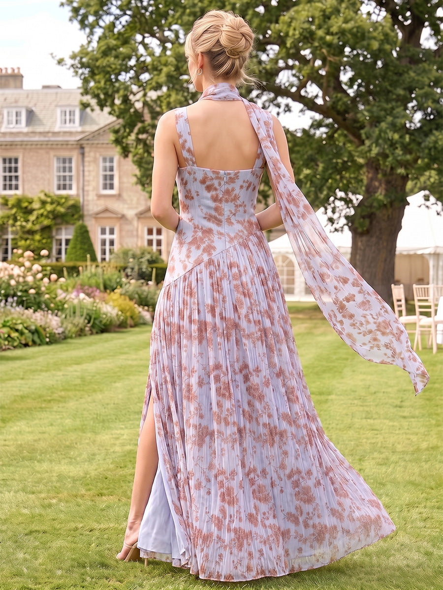 Floral Print Chiffon Bridesmaid Dresses A Line Square Neck Sleeveless with Scarf