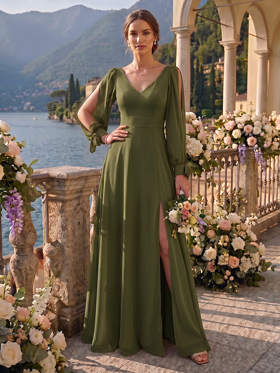 Chiffon A Line Long Seeves Bridesmaid Dresses with Slit V Neck