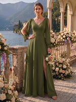 Chiffon A Line Long Seeves Bridesmaid Dresses with Slit V Neck