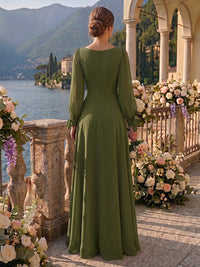 Chiffon A Line Long Seeves Bridesmaid Dresses with Slit V Neck