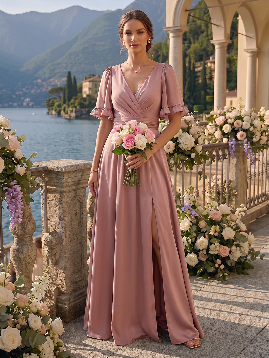 Chiffon Short Sleeves Bridesmaid Dresses with Slit V Neck A Line