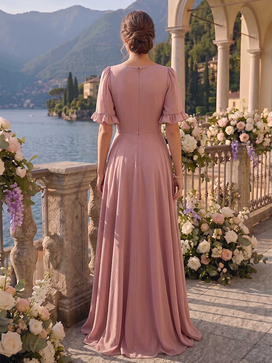 Chiffon Short Sleeves Bridesmaid Dresses with Slit V Neck A Line