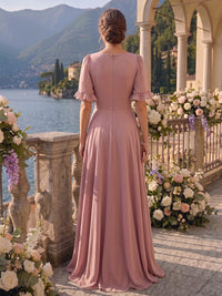 Chiffon Short Sleeves Bridesmaid Dresses with Slit V Neck A Line