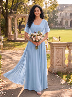 Chiffon Short Sleeves Bridesmaid Dresses V Neck A Line Pleated
