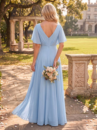 Chiffon Short Sleeves Bridesmaid Dresses V Neck A Line Pleated