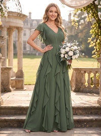 Chiffon Short Sleeves Bridesmaid Dresses Pleated V Neck A Line
