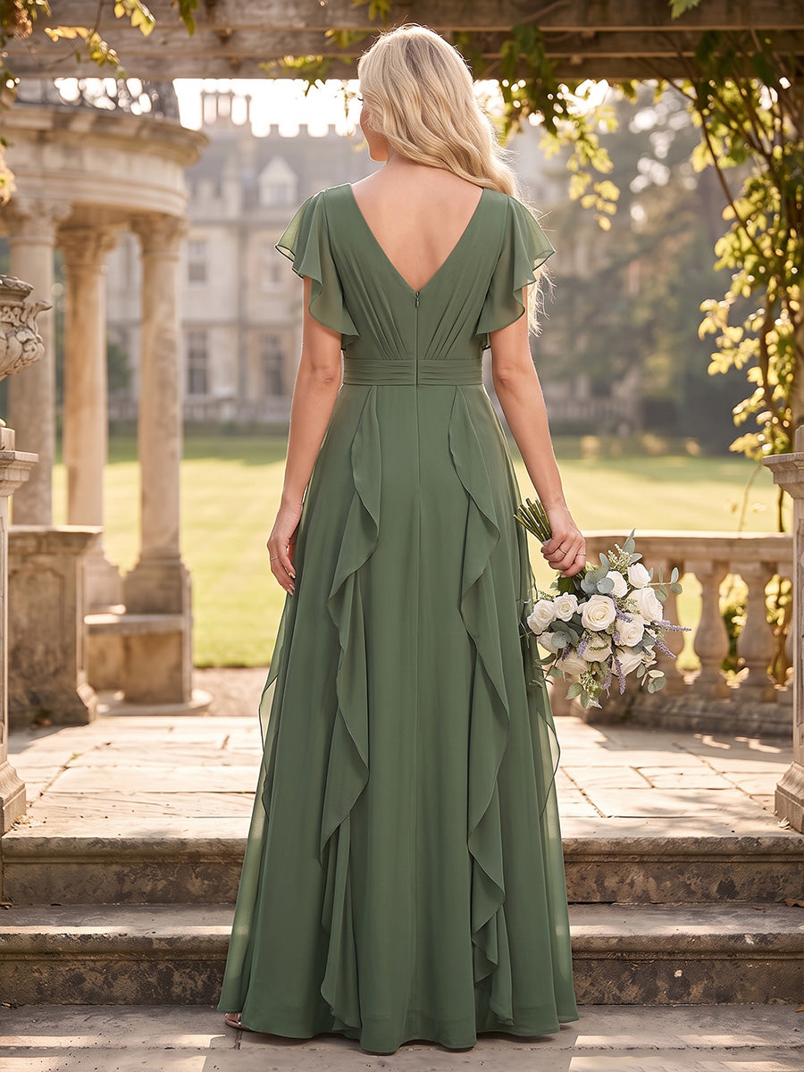 Chiffon Short Sleeves Bridesmaid Dresses Pleated V Neck A Line