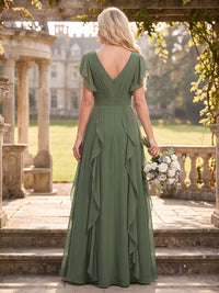 Chiffon Short Sleeves Bridesmaid Dresses Pleated V Neck A Line