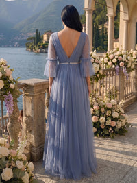 Short Sleeves Chiffon Bridesmaid Dresses Pleated V Neck A Line