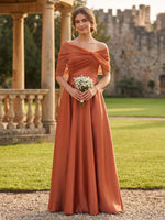 Satin Off the Shoulder Bridesmaid Dresses A Line Short Sleeves