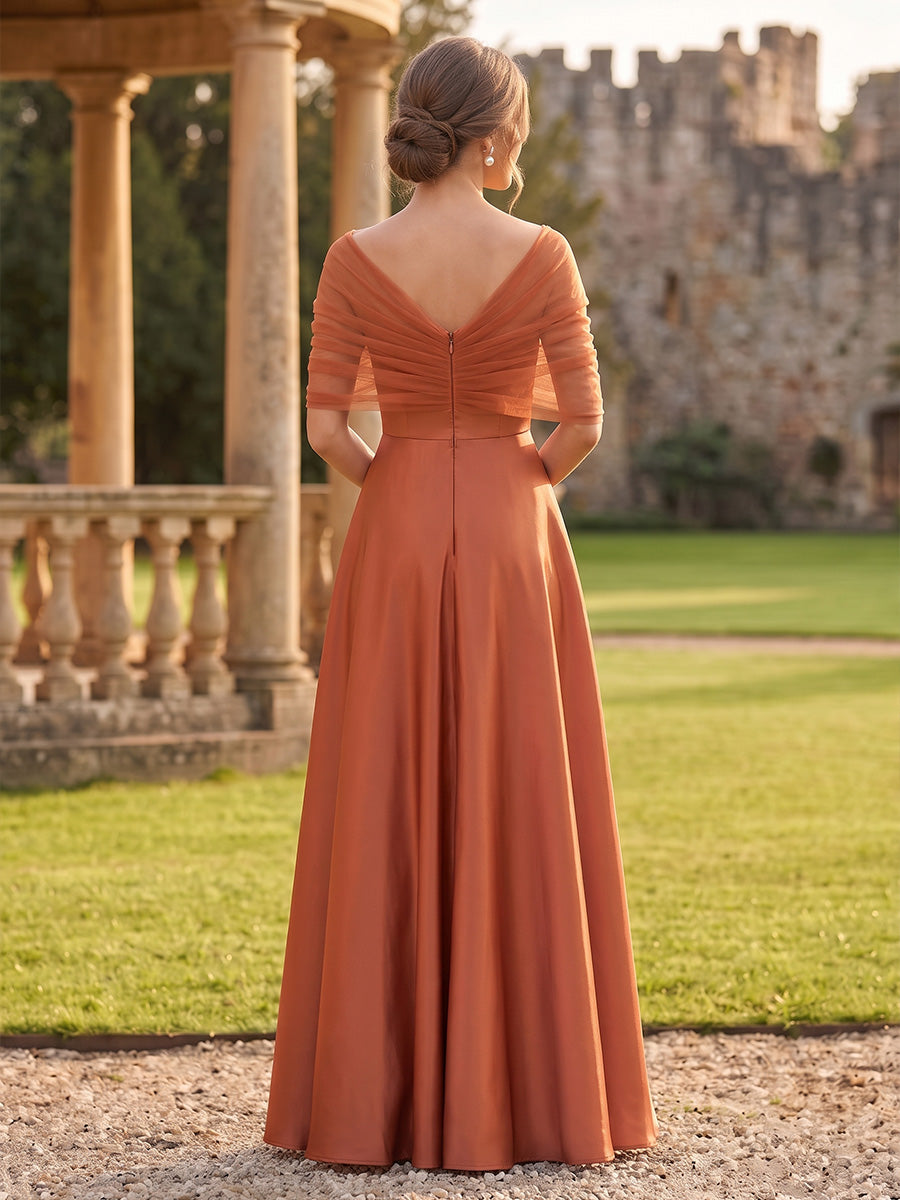 Satin Off the Shoulder Bridesmaid Dresses A Line Short Sleeves