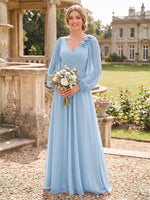 Chiffon Bridesmaid Dresses Long Sleeves V Neck A Line Pleated