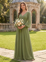 Chiffon Bridesmaid Dresses Long Sleeves Pleated V Neck A Line