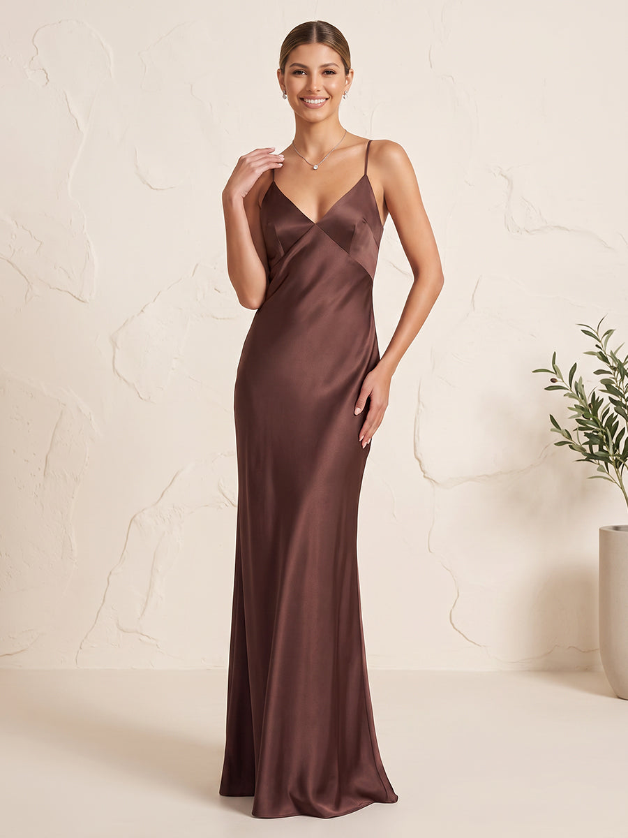 Satin Bridesmaid Dresses Sheath/Mermaid V Neck Sleeveless Floor Length