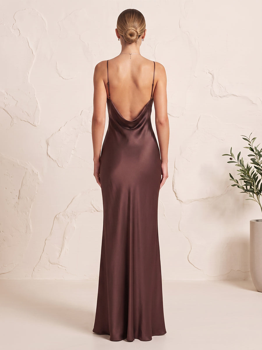 Satin Bridesmaid Dresses Sheath/Mermaid V Neck Sleeveless Floor Length