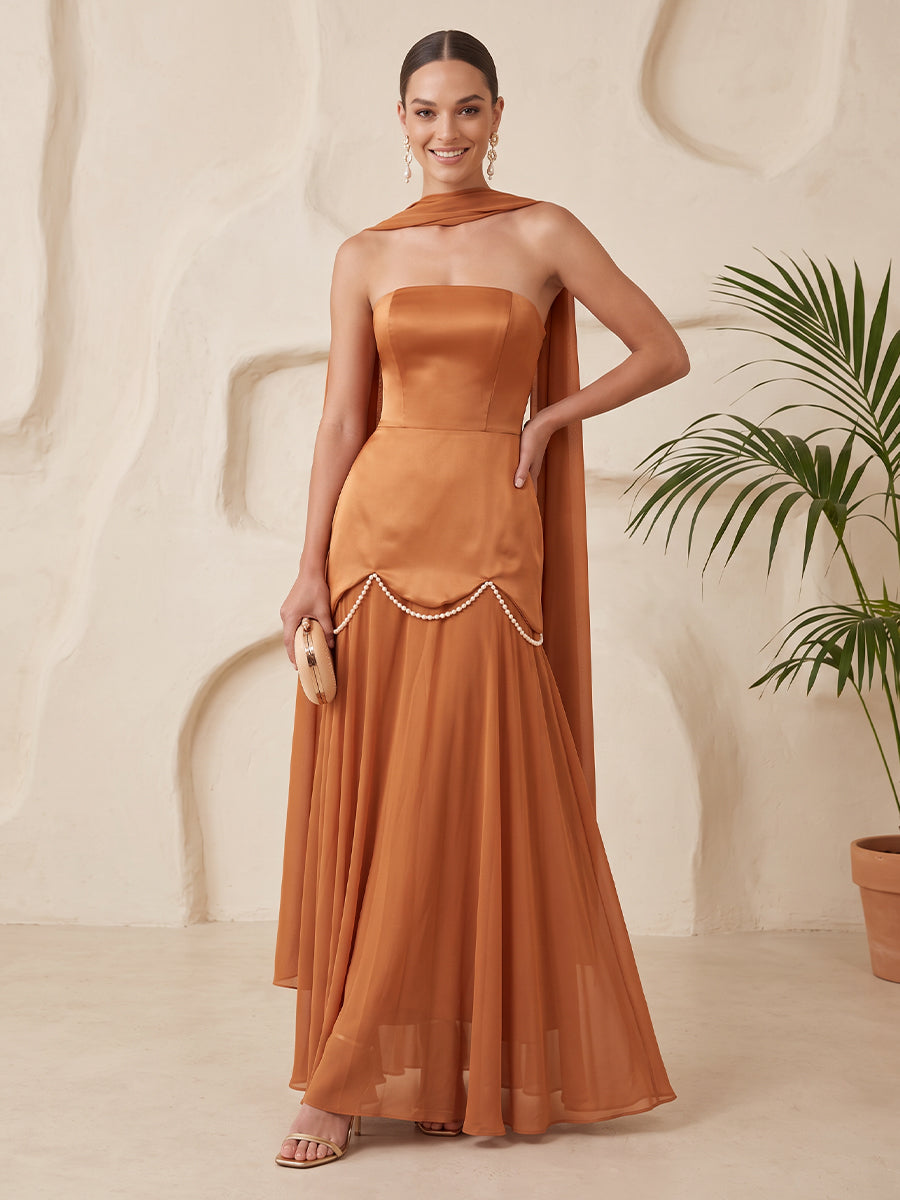 Chiffon Bridesmaid Dresses A Line Strapless Sleeveless with Scarf