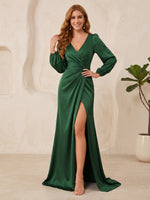 Satin Bridesmaid Dresses A Line V Neck Long Sleeves Floor Length Ruched with Slit