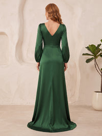 Satin Bridesmaid Dresses A Line V Neck Long Sleeves Floor Length Ruched with Slit