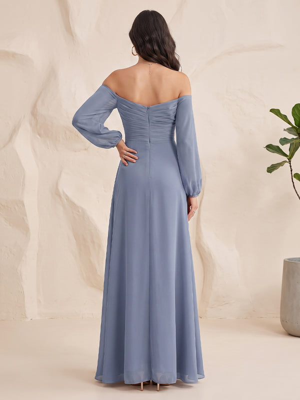 Chiffon Bridesmaid Dresses A Line Off the Shoulder Long Sleeves Floor Length Ruched with Slit