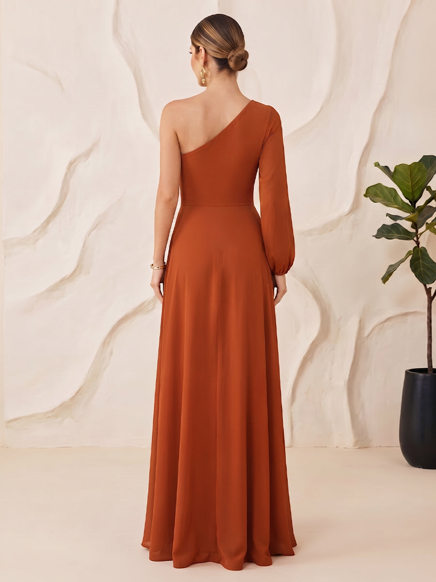 Chiffon Bridesmaid Dresses A Line One Shoulder Floor Length with Slit