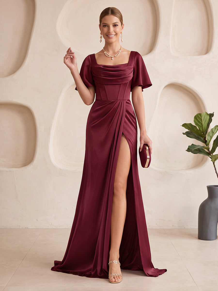 Satin Bridesmaid Dresses Mermaid/Sheath Square Neck Flutter Sleeves Floor Length with Slit