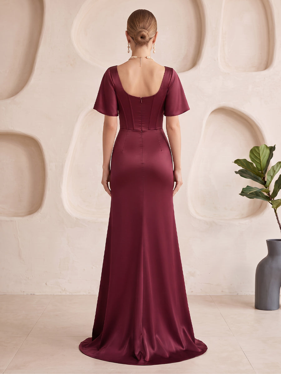 Satin Bridesmaid Dresses Mermaid/Sheath Square Neck Flutter Sleeves Floor Length with Slit