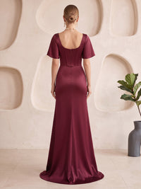 Satin Bridesmaid Dresses Mermaid/Sheath Square Neck Flutter Sleeves Floor Length with Slit