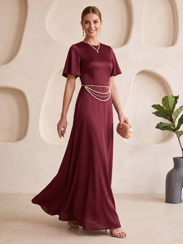 Satin Bridesmaid Dresses A Line Round Neck Short Sleeves Floor Length