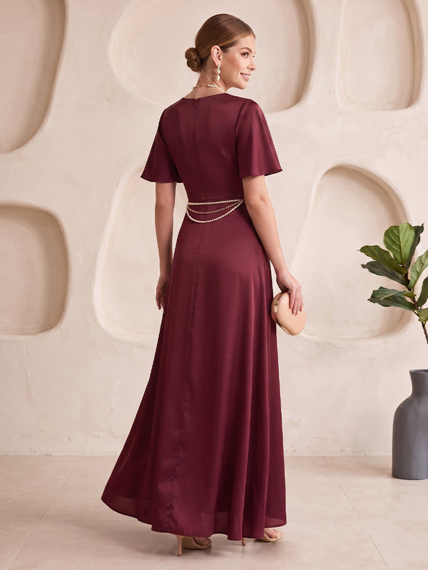 Satin Bridesmaid Dresses A Line Round Neck Short Sleeves Floor Length