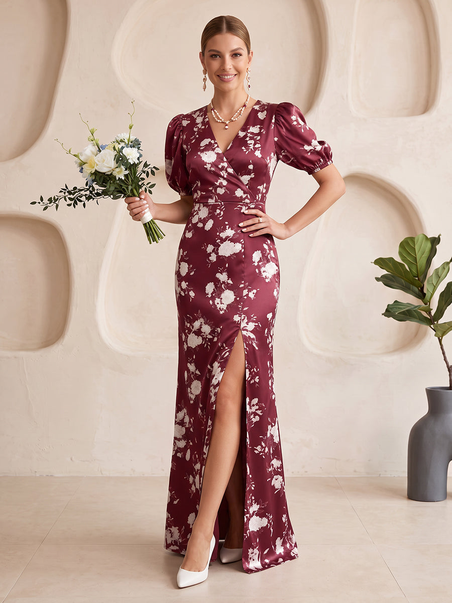 Floral Print Bridesmaid Dresses A Line V Neck Puff Sleeves Floor Length with Slit