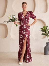 Floral Print Bridesmaid Dresses A Line V Neck Puff Sleeves Floor Length with Slit