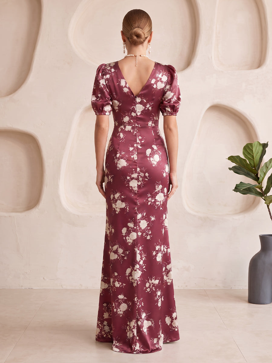 Floral Print Bridesmaid Dresses A Line V Neck Puff Sleeves Floor Length with Slit