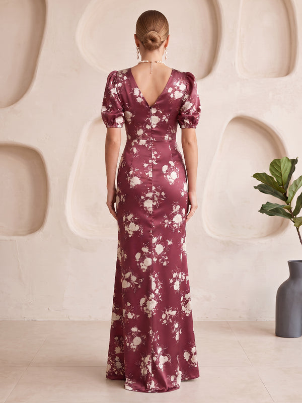 Floral Print Bridesmaid Dresses A Line V Neck Puff Sleeves Floor Length with Slit