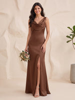 Satin Bridesmaid Dresses Sheath/Marmaid Cowl Neck Sleeveless Floor Length With Slit