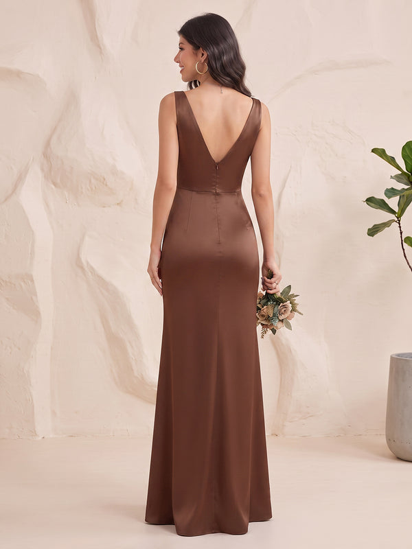 Satin Bridesmaid Dresses Sheath/Marmaid Cowl Neck Sleeveless Floor Length With Slit