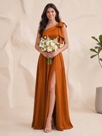 Satin Bridesmaid Dresses A Line One Shoulder Sleeveless Floor Length Bow with Slit