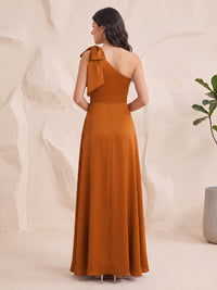 Satin Bridesmaid Dresses A Line One Shoulder Sleeveless Floor Length Bow with Slit