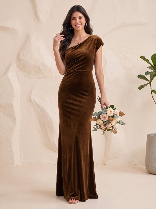 Velvet Bridesmaid Dresses Sheath/Mermaid One Shoulder Cap Sleeves Floor Length